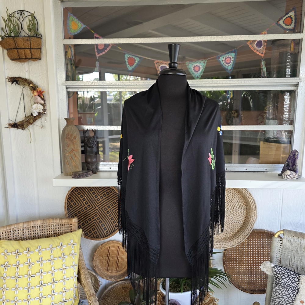Vintage Boho Chic Fringe Black Floral Embroidered Wrap Triangle Scarf - Picture 6 of 13